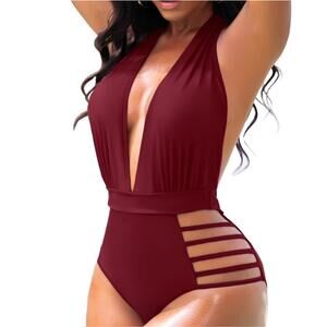 New Sexy‎ Plunge V Swimsuit Halter Cutouts Wine Red 817 Women's Size M